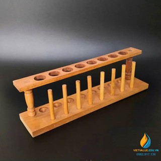 Giá cắm ống nghiệm bằng gỗ, 8 lỗ, 8 que cắm, lỗ 2.3cm