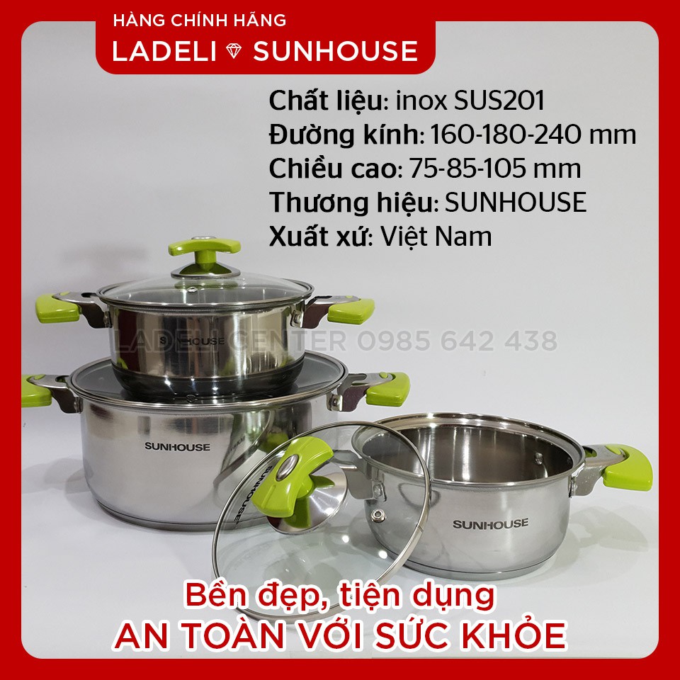 Bộ nồi inox 3 đáy SUNHOUSE SH336 phi 16-18-24cm