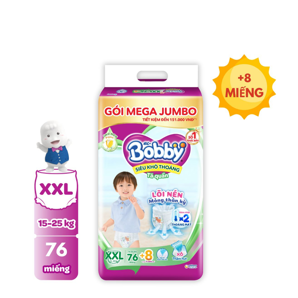 [MKB Gift] Tã/bỉm quần Bobby 3mm Mega Jumbo Gạo non Giảm nhiệt XXL76 + 8