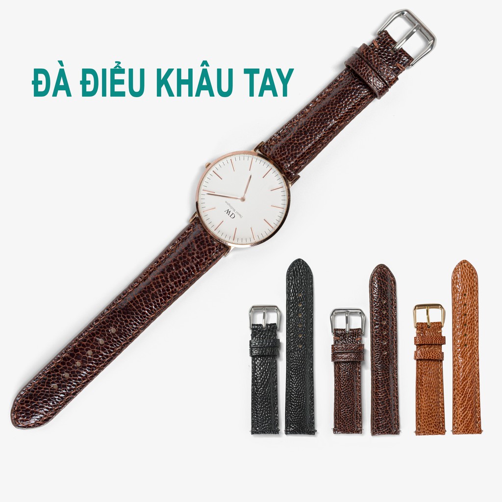 Dây đồng hồ nam da đà điểu-khâu tay thủ công D104 size 18mm, 20mm, 22mm, 24mm-Bụi leather