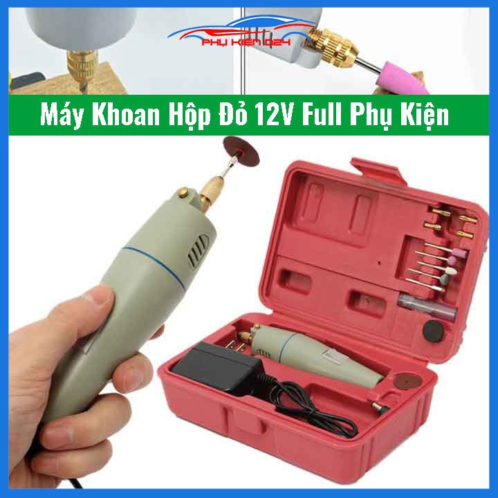 Máy khoan hộp đỏ mini cầm tay điện áp 12V đủ phụ kiện