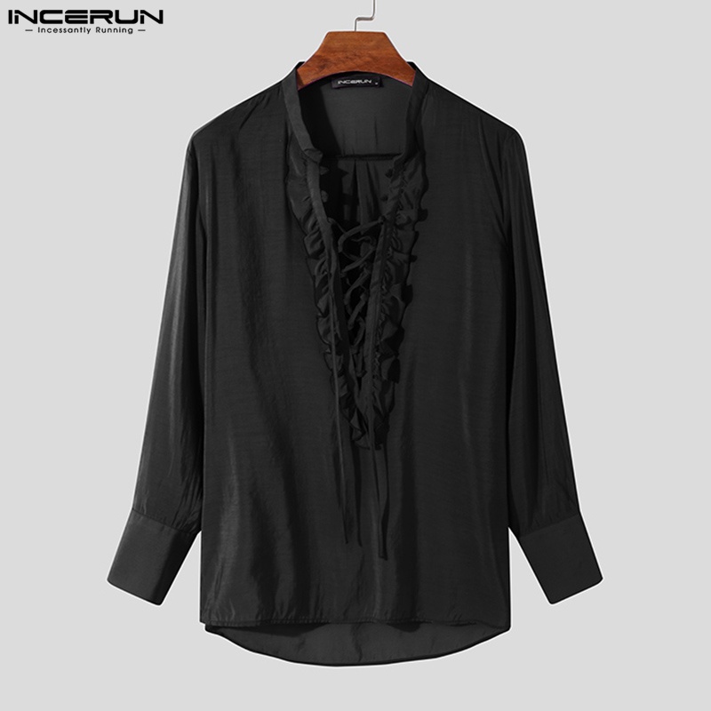 Áo sơ mi INCERUN tay dài cổ V thời trang phong cách retro cho nam