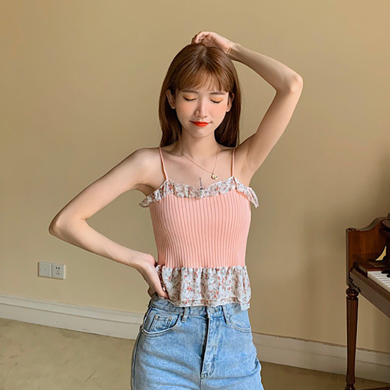 Áo dệt kim 2 dây in hoa xinh xắn cho nữ