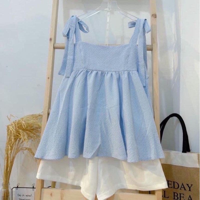 [SIÊU PHẨM] Set style Hàn Quốc S.047, Set Áo Babydoll Hai Dây Thắt Nơ Kẻ Và Quần Short