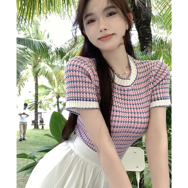 Áo Thun Dệt Kim Tay Ngắn Cổ Tròn Dáng Ôm Thời Trang Sang Trọng