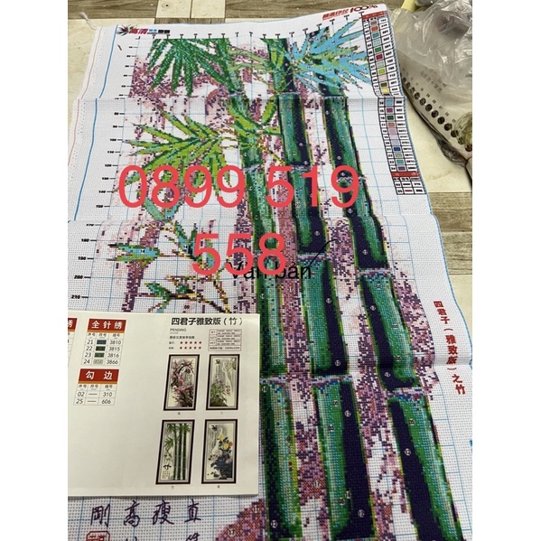 Tranh thêu chữ thập Tứ quý Mai Lan Trúc cúc kt 49x86 cm