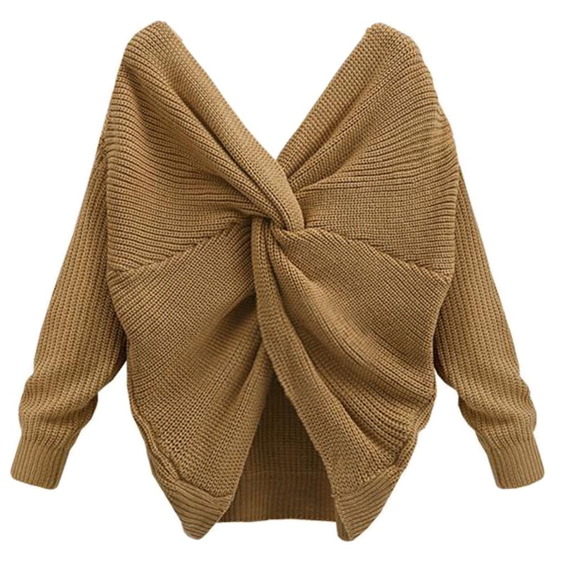 Áo Sweater Dệt Kim Tay Dài Cổ Chữ V Khoét Sâu Hở Lưng Quyến Rũ Cho Nữ