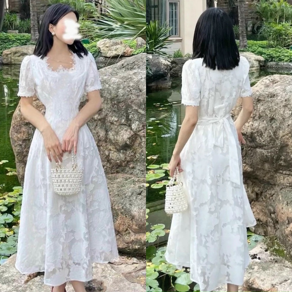 Đầm midi trắng hoa nổi cổ vuông viền ren💖 KÈM ẢNH THẬT