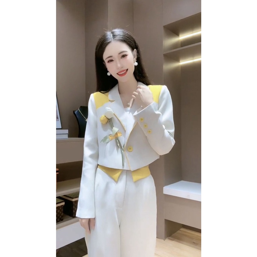 Bộ Áo Khoác + Quần Short Lưng Cao Ống Rộng Màu Sắc Tương Phản Thời Trang Xuân Thu 2022 Cho Nữ