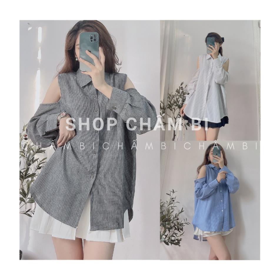 Áo sơ mi nữ form rộng A.245, Áo kiểu Hàn Quốc dài tay sọc dọc khoét vai 3 màu cực xinh