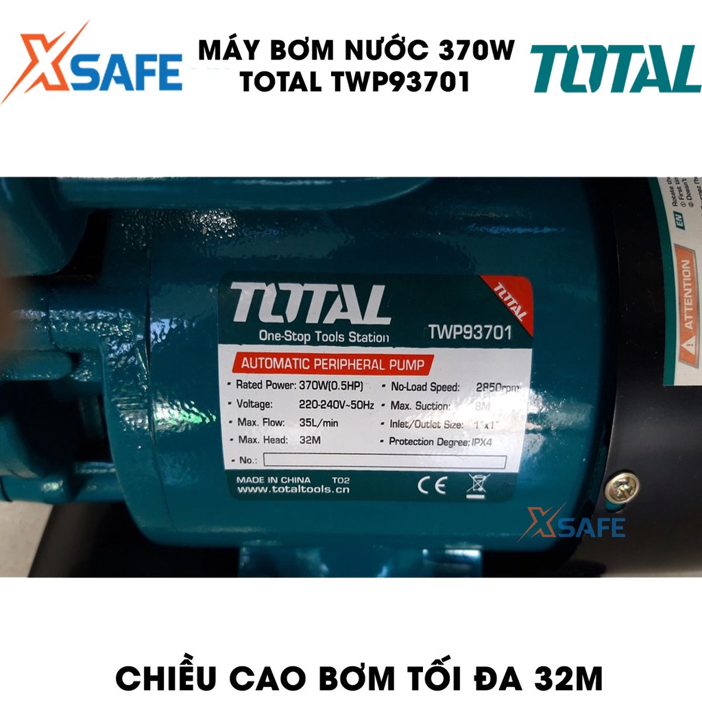 Máy bơm nước 370W TOTAL TWP93701 motor dây đồng,chiều cao bơm tối đa 32m, lưu lượng tối đa 35 lít/ph