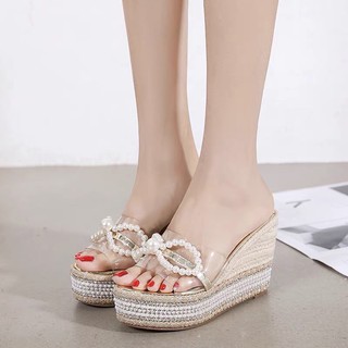 (ORDER) Dép đế xuồng cói viền đá quai trong suốt sang chảnh 10 - 11 cm, hàng cao cấp