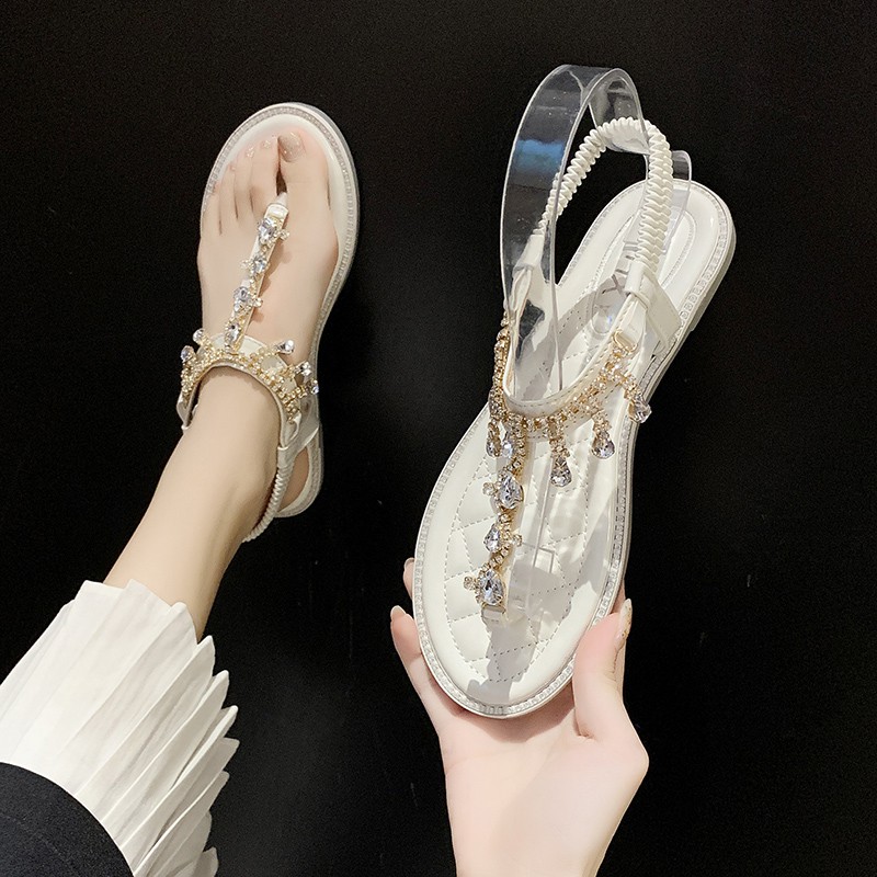 G39 sandal đế bệt nữ xăng đan thời trang xỏ ngón đính đá phong cách đi biển giá rẻ