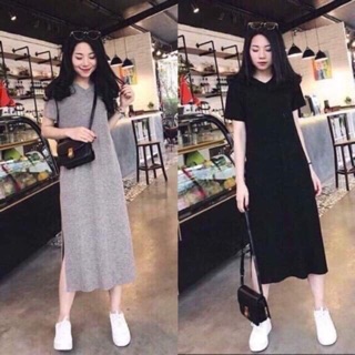Váy suông basic cổ tym dáng dài chất cotton(2 màu đen-xám)