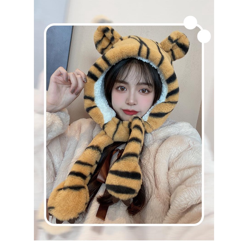 Mũ Trùm Đầu Kèm Khăn Choàng Cổ Che Tai Hình Đầu Hổ Dễ Thương Thời Trang Mùa Đông Cho Mẹ Và Bé