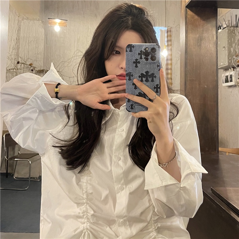 Áo Sơ Mi Trắng Tay Dài Dáng Rộng Cổ Polo Phối Dây Rút Phong Cách Hàn Quốc Thời Trang Cho Nữ