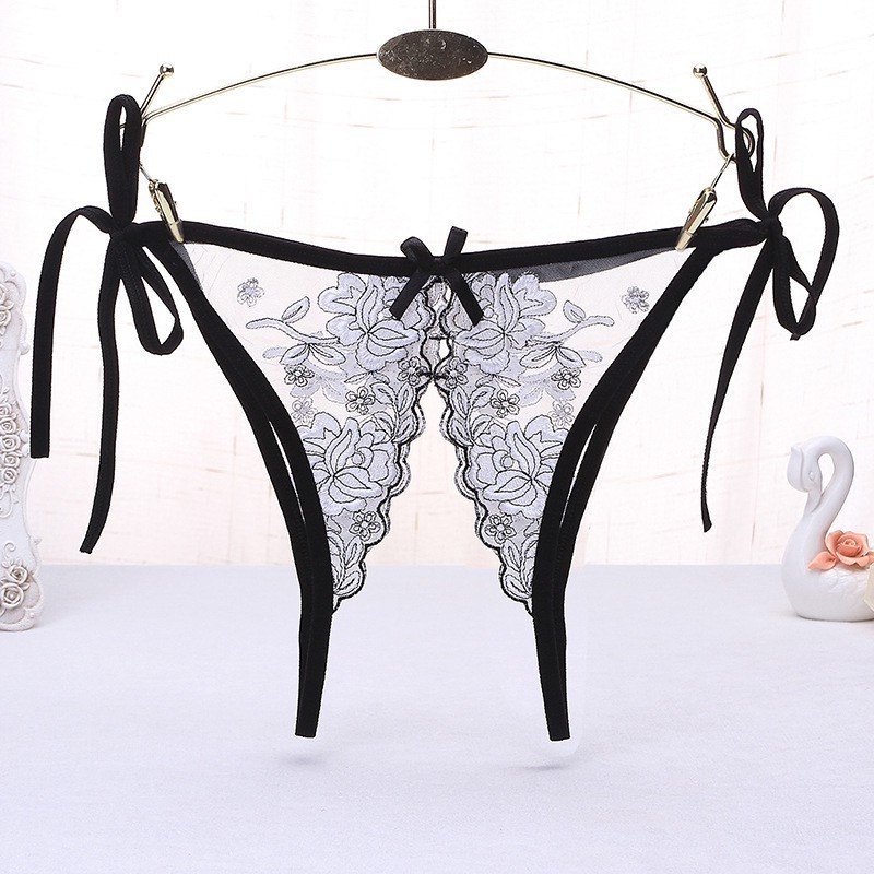 Quần lót nữ xẻ đáy cột dây 2 bên sườn ren xuyên thấu thêu hoa gợi cảm 3018