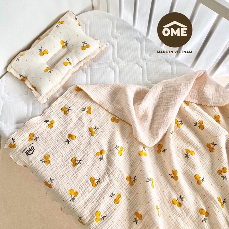 OME - Set chăn 4 lớp kèm  gối chống bẹp đầu xô Muslin sợi tre