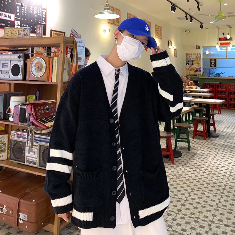Áo khoác cardigan dệt kim cổ chữ V màu trơn kẻ sọc thời trang cho nam