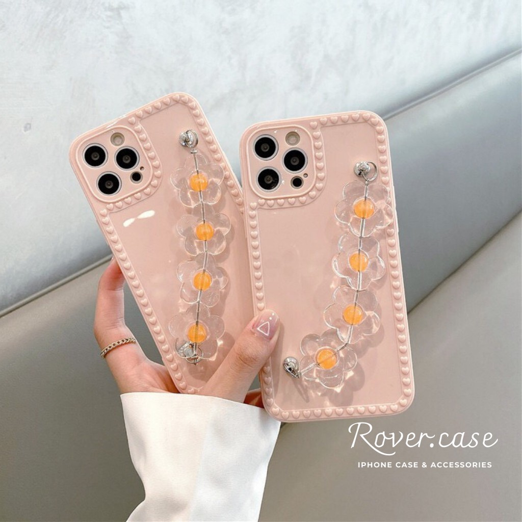 Ốp điện thoại viền tim màu hồng gắn dây treo hoa Case iPhone 13/7/7plus/8/8plus/x/xs/11/12/pro/max/promax
