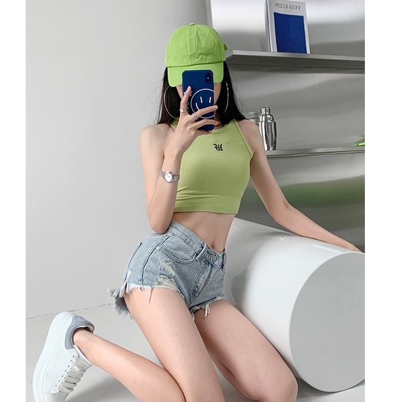 Cocory vn Áo Croptop Dệt Kim Sát Nách Hoạ Tiết Chữ Thêu Thời Trang Mùa Hè Cho Phái Nữ