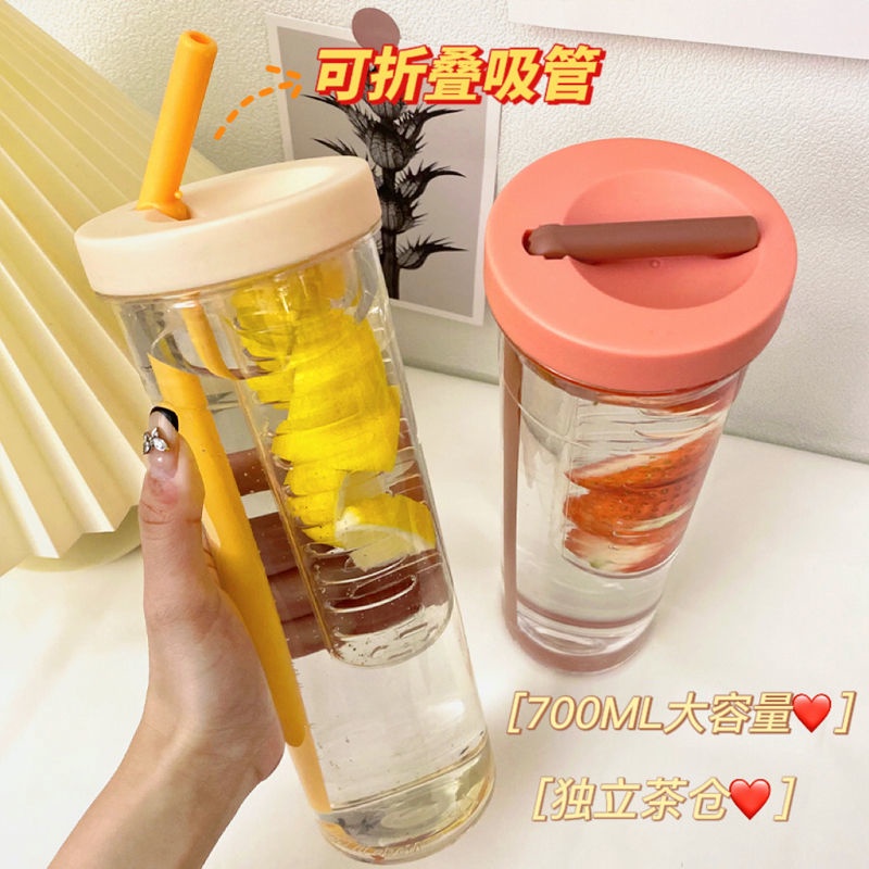 Bình Nước Nhựa Trong Suốt Có Ống Hút Lọc Trà Kiểu Hàn Quốc Dễ Thương Cho Học Sinh