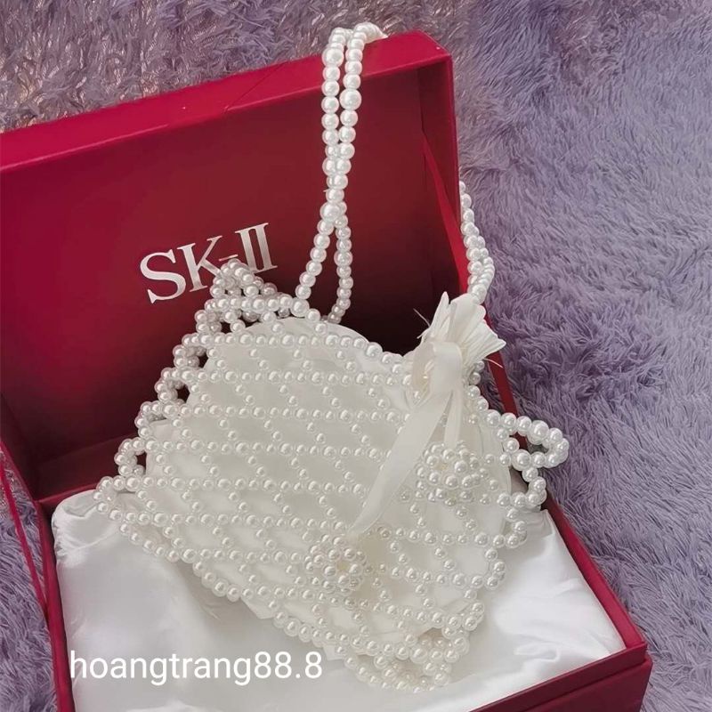 Túi xách tay kết hạt cườm giả ngọc trai dáng hình thoi phong cách tiểu thơ