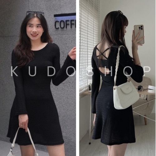 Váy body đan dây lưng tay dài ulzzang KUDOSHOP Váy suông cổ tròn dáng ôm màu đen trẻ trung cá tính