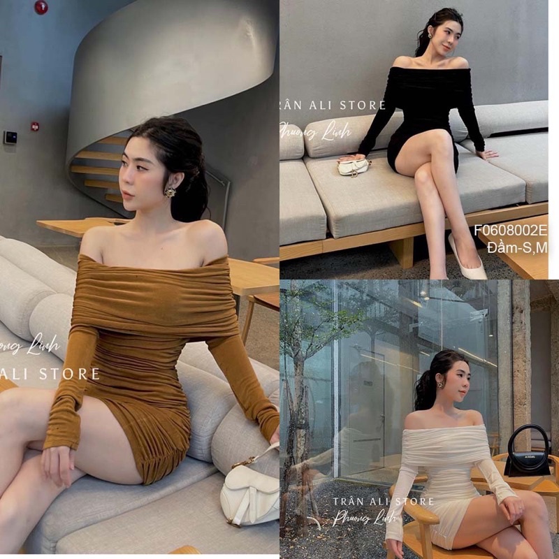 Đầm body trễ vai nhún ngực tay dài