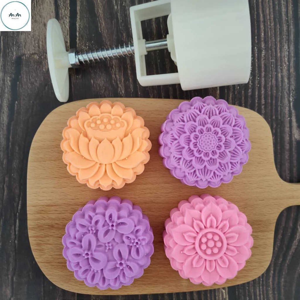 Khuôn trung thu lò xo 4 mặt nhấn hoa hồng hoa sen 150gram