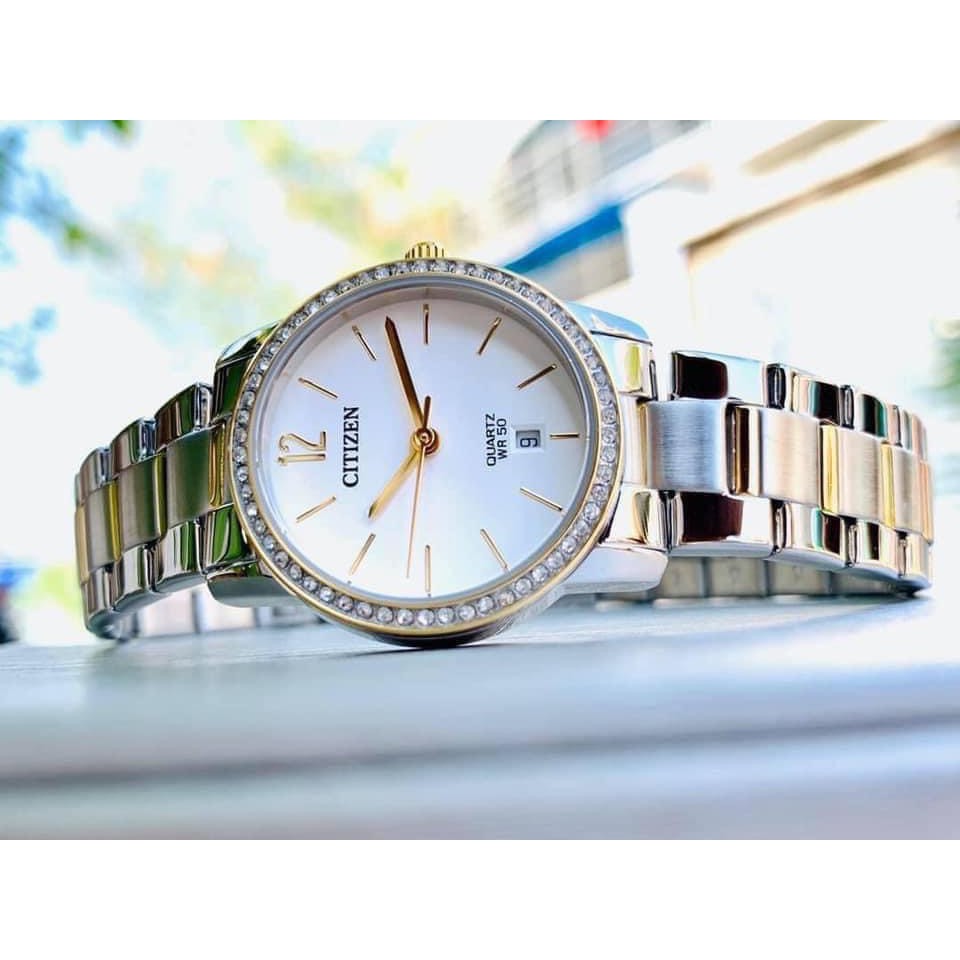 Đồng hồ Nữ chính hãng Citizen Quartz EU6038-89A Size 26,Mặt trắng,Lịch-Máy Pin-Dây kim loại Demi vàng cao cấp