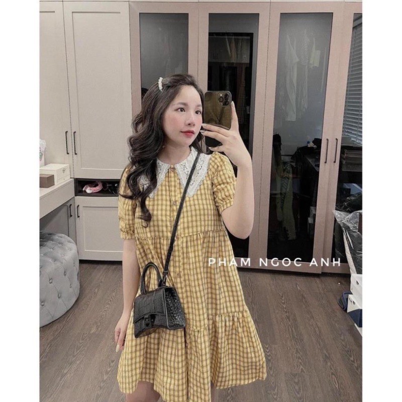 Váy Vintage kẻ vàng cổ phối ren tiểu thư sang chảnh | BigBuy360 - bigbuy360.vn