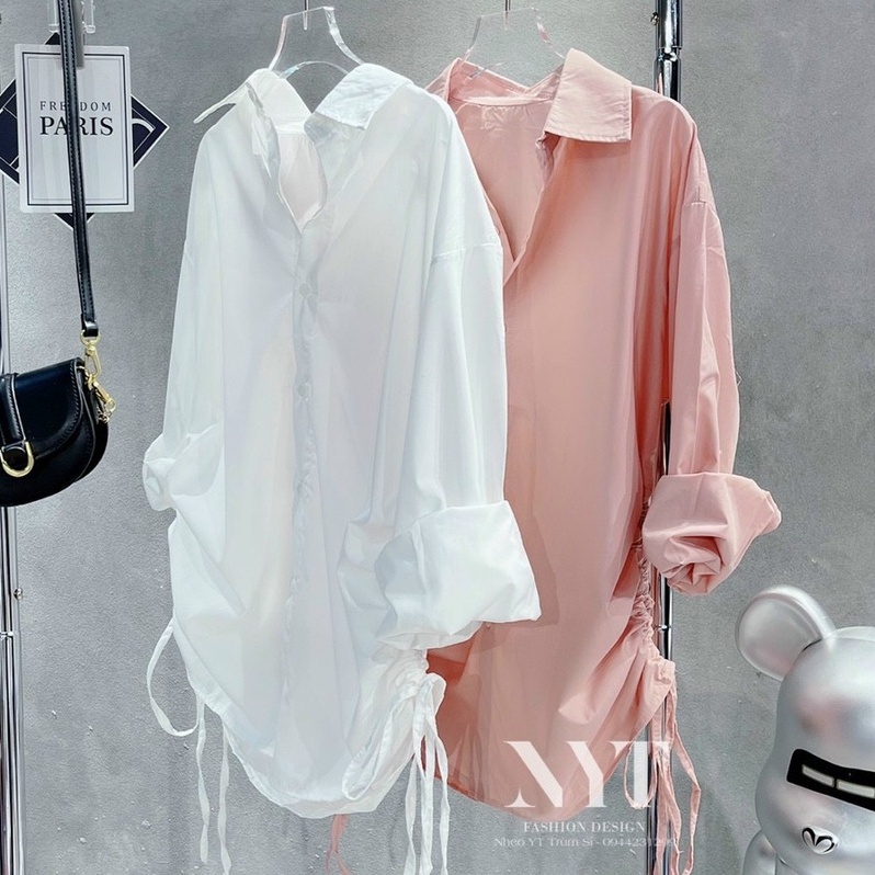 Sơ mi rút eo trắng/hồng kiểu mặc 2 kiểu có size S M (Ảnh Thật Tự chụp)