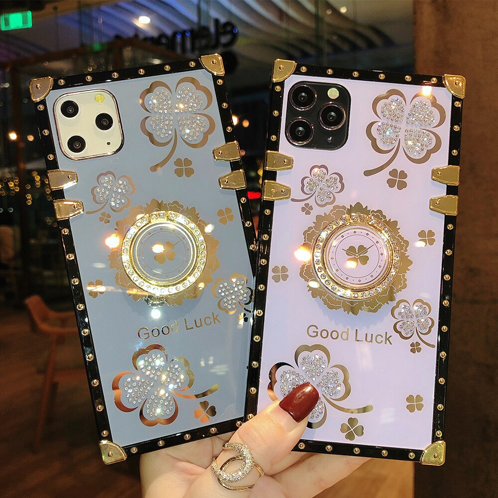 Ốp điện thoại vuông mềm đính đá có vòng đỡ sang trọng cho Xiaomi Redmi 9 9A 9C Redmi Note 10 S 9S 8 9 Pro