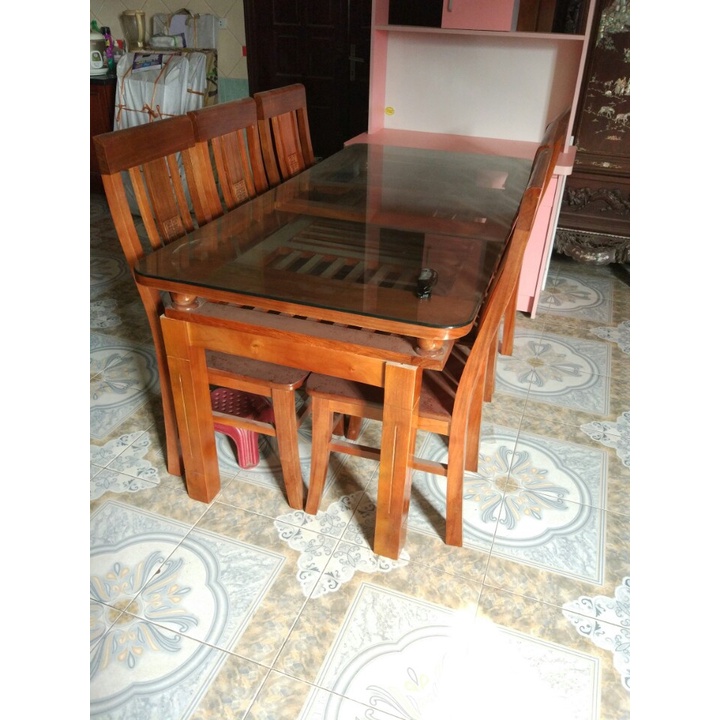 Bộ bàn ghế phòng ăn 2 tầng gỗ xoan giá rẻ