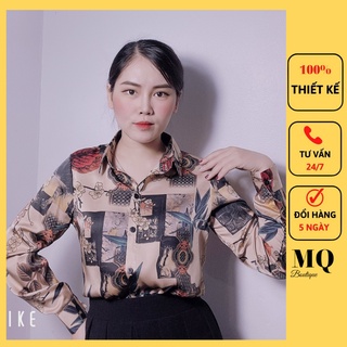 Áo sơ mi nữ lụa dài tay cao cấp công sở màu nâu , áo sơ mi họa tiết hoa lá  thiết kế MQ Boutique