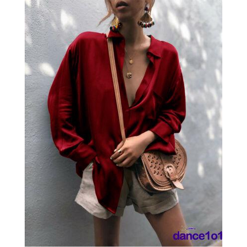 Áo Sơ Mi Tay Dài Dáng Rộng Vải Satin Thời Trang Mùa Xuân Cho Nữ