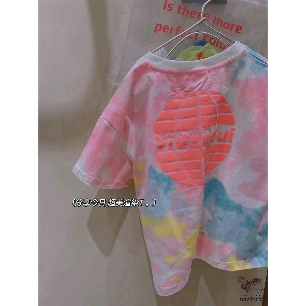 Áo Thun Tay Ngắn Họa Tiết Màu Nhuộm Phong Cách Hàn Quốc Cho Bé Gái