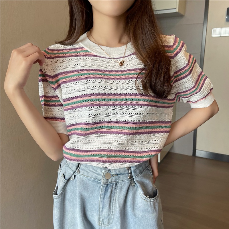 Áo Sweater Dệt Kim Tay Ngắn Cổ Tròn Họa Tiết Kẻ Sọc Màu Tím Phong Cách Cổ Điển Thời Trang Mùa Hè Mới Cho Nữ