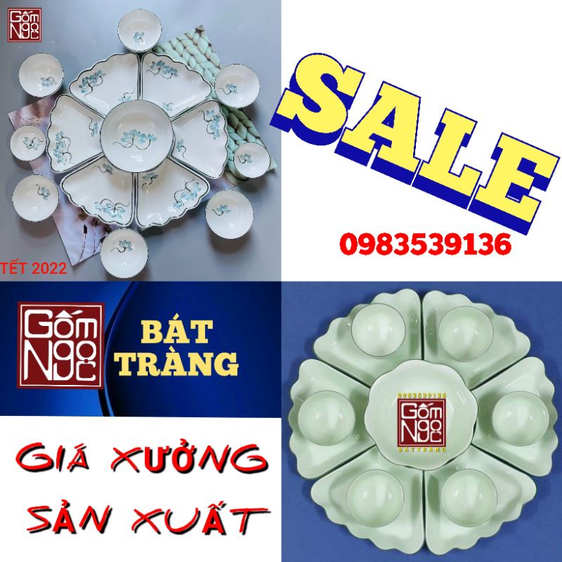 MÂM BÁT ĐĨA TRẮNG, BỘ ĐỒ ĂN HOA MẶT TRỜI, ĐỒ THỜ CÚNG GỐM SỨ BÁT TRÀNG