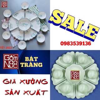 Mâm bát đĩa trắng, bộ đồ ăn hoa mặt trời, đồ thờ cúng gốm sứ bát tràng