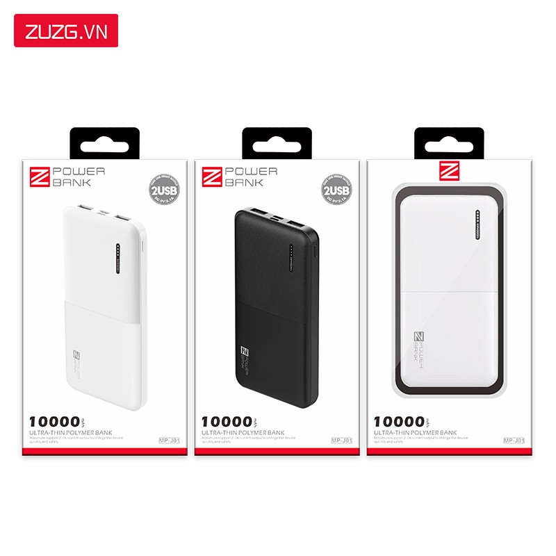 Sạc dự phòng 10000mAH 2 cổng J01 - Hàng chính hãng ZUZG