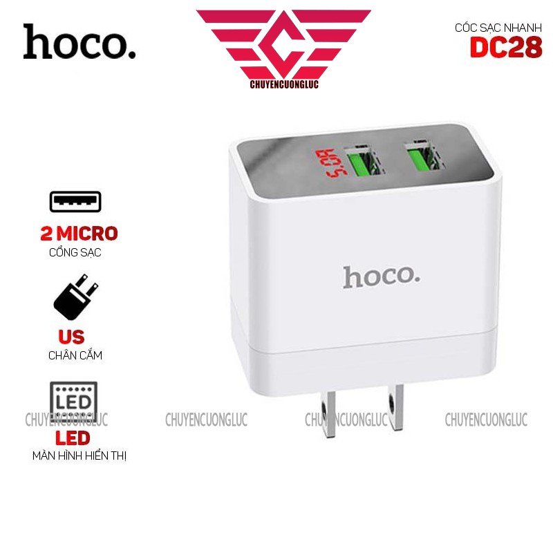 Cóc sạc nhanh 2 cổng USB có đèn led - Hoco DC28 - Hàng chính hãng sạc cực tốt