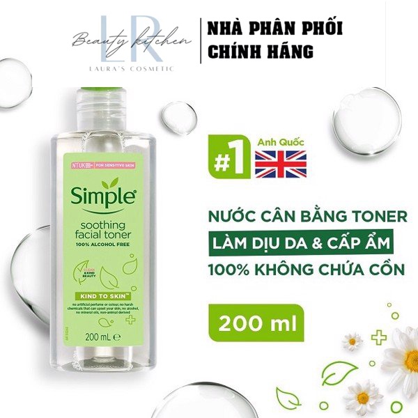 Nước hoa hồng Simple làm dịu và cân bằng độ ẩm cho da - Toner lành tính không chứa cồn 200ml