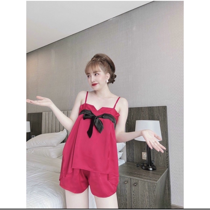 Đồ Ngủ Sexy - Bộ Ngủ 2 Dây Satin Phối Nơ Form 40-55kg( ảnh và video thật)