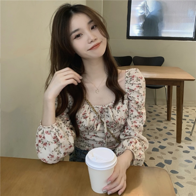 SUXI Áo Kiểu Tay Phồng Dài Cổ Vuông In Họa Tiết Hoa Phong Cách Cổ Điển Thời Trang Cho Nữ