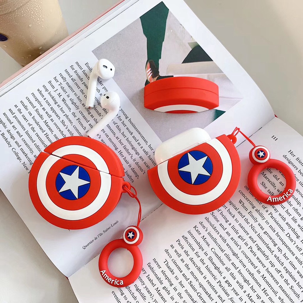 Vỏ bọc silicon bảo vệ hộp tai nghe in biểu tượng khiên của Captain America/Batman cho Apple Airpod 1 2