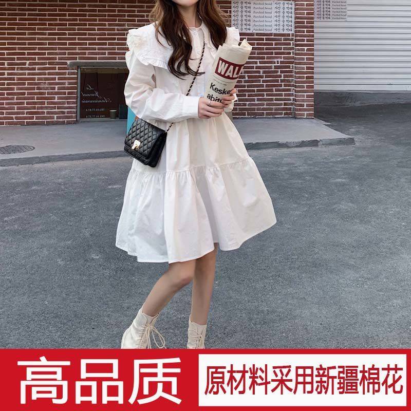 váy trắng Đầm Trắng Tay Dài Cổ Búp Bê Phong Cách Preppy Dễ Thương Phong Cách Hàn Quốc Dành Cho Học Sinh