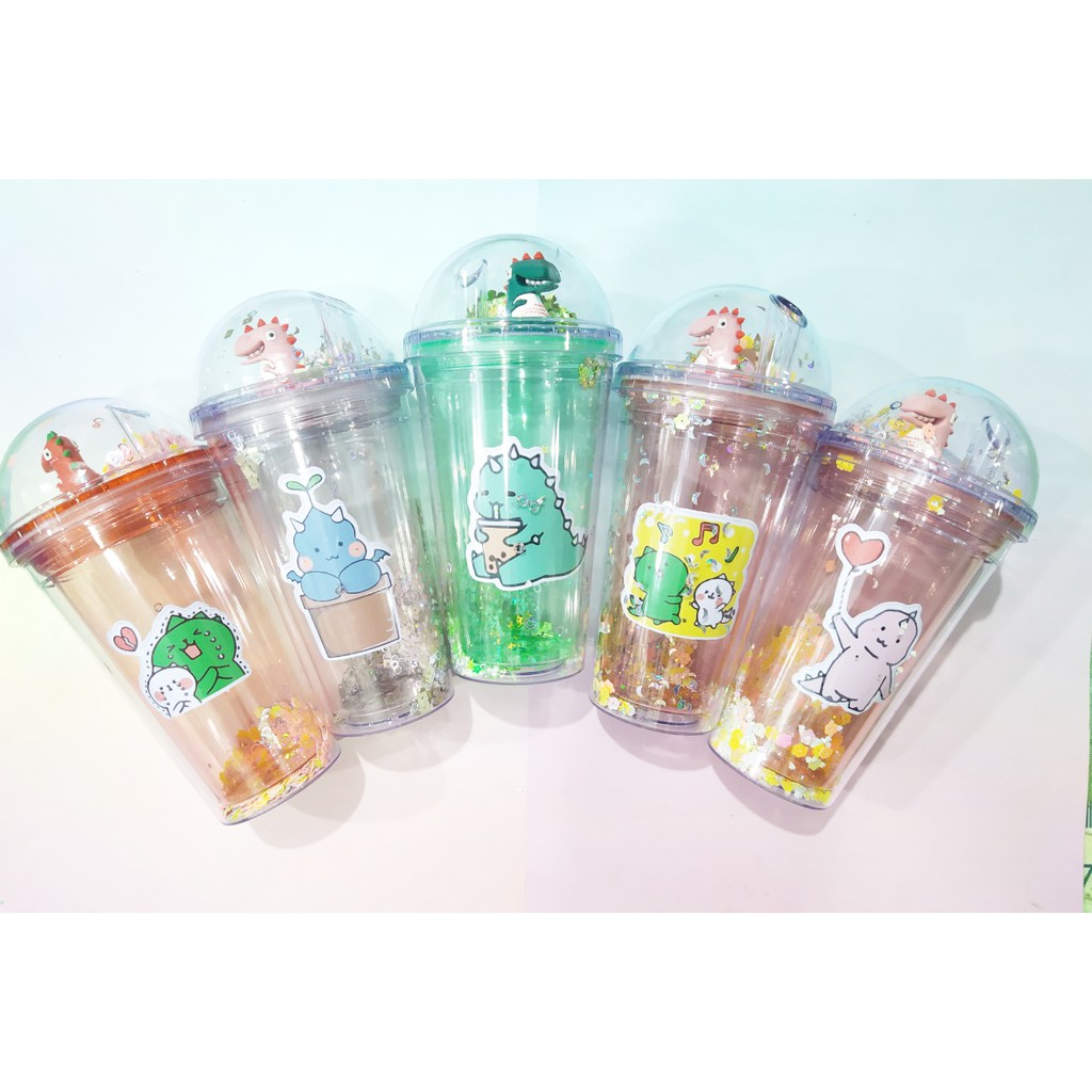 cốc 2 lớp kim tuyến khủng long nắp cầu CNCKI23 cốc giữ nhiệt ly 2 lớp nắp cầu cốc làm lạnh dễ thương 500ml