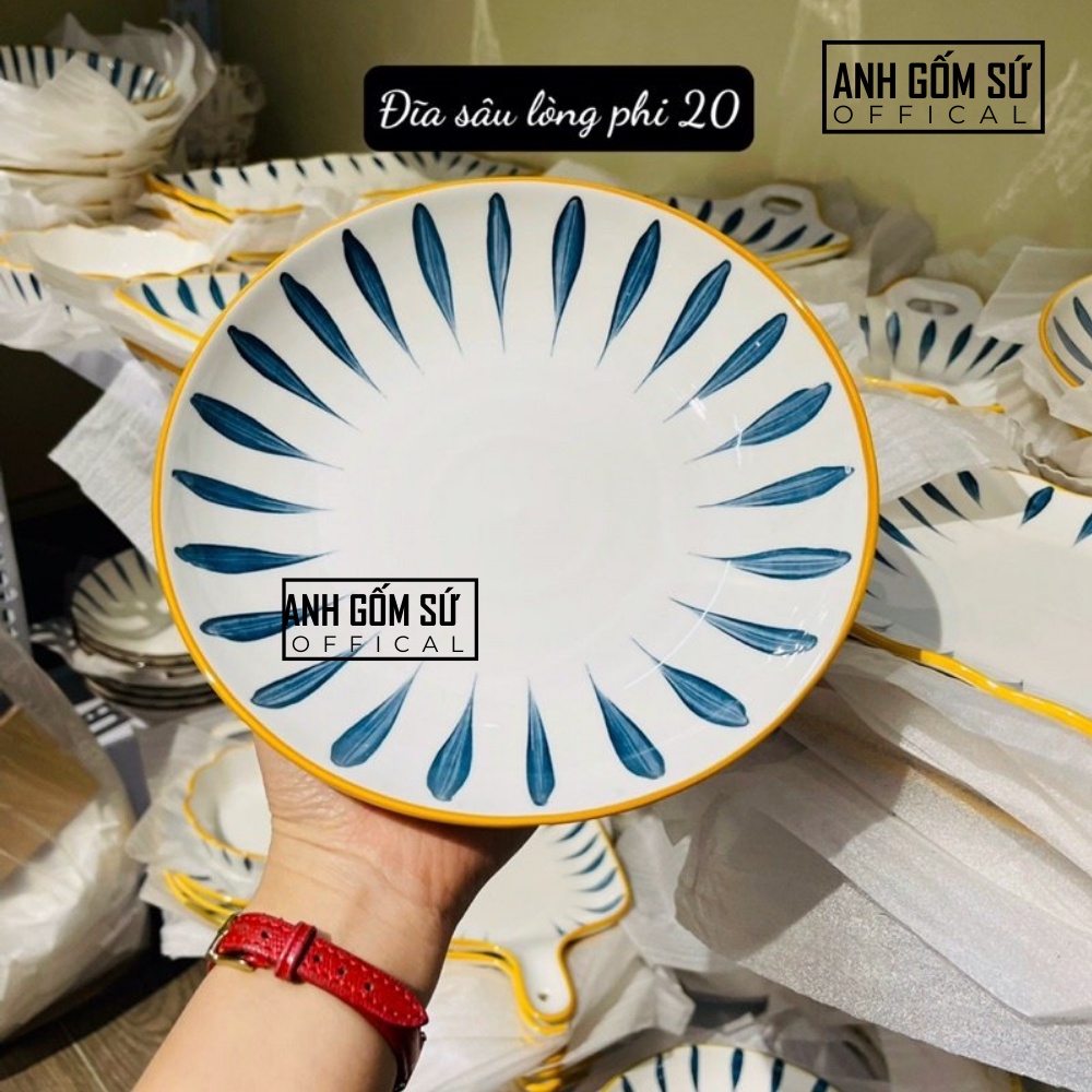 Bộ bát đĩa decor cao cấp, set bát đĩa nhật hoạ tiết lá liễu 15 món